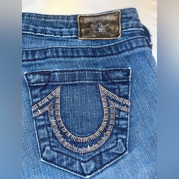 True Religion TORY Boot Cut BLUE Jeans HORSESHOE Silver Studded Pocket Womens 28 - Picture 9 of 16